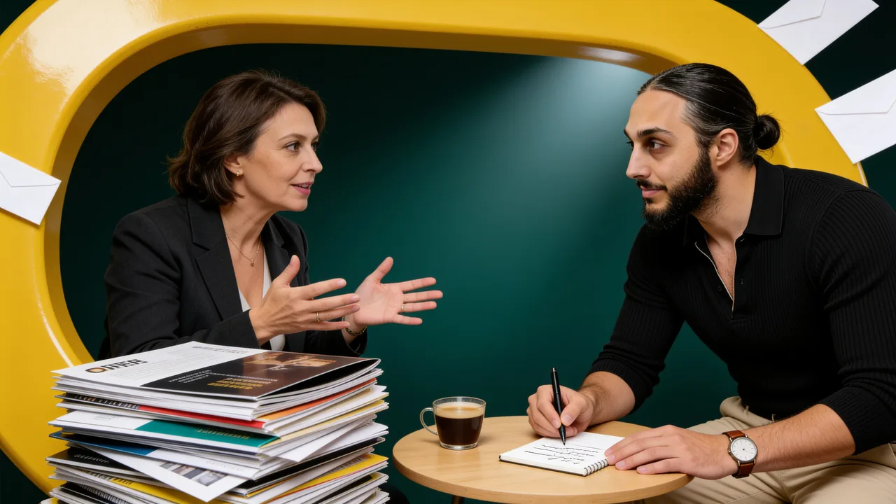 Ahmet Köse hört einer Kundin aufmerksam zu und macht Notizen, während neben ihr ein Stapel Angebotsmappen anderer Agenturen liegt