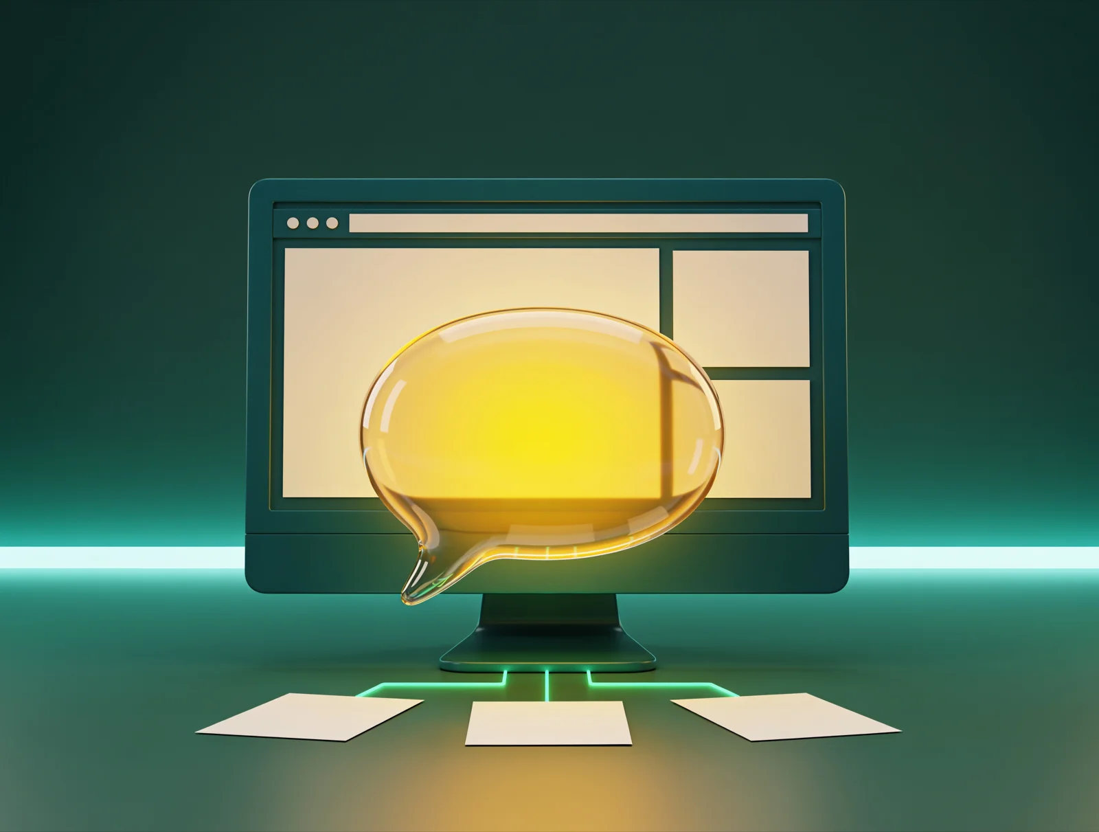 Ilustração de um assistente para sites: conteúdos de páginas conduzem a um balão de diálogo luminoso diante de um ecrã.